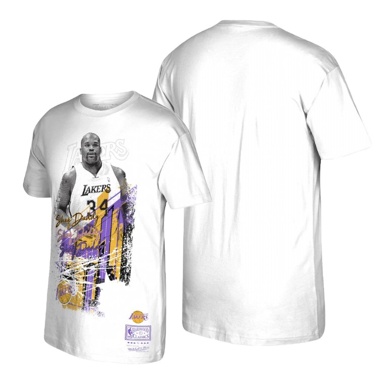 Men's Los Angeles Lakers Shaquille O'Neal #34 NBA Player Burst Hardwood Classics Legend White Basketball T-Shirt UAH7683EP